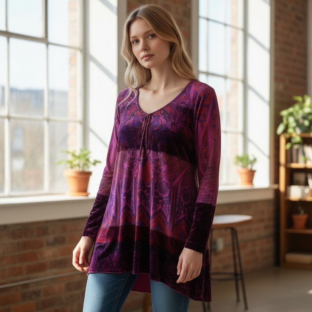 Unity World Wear Purple Velvet Trim Paisley High Low Tunic Top Womens Medium